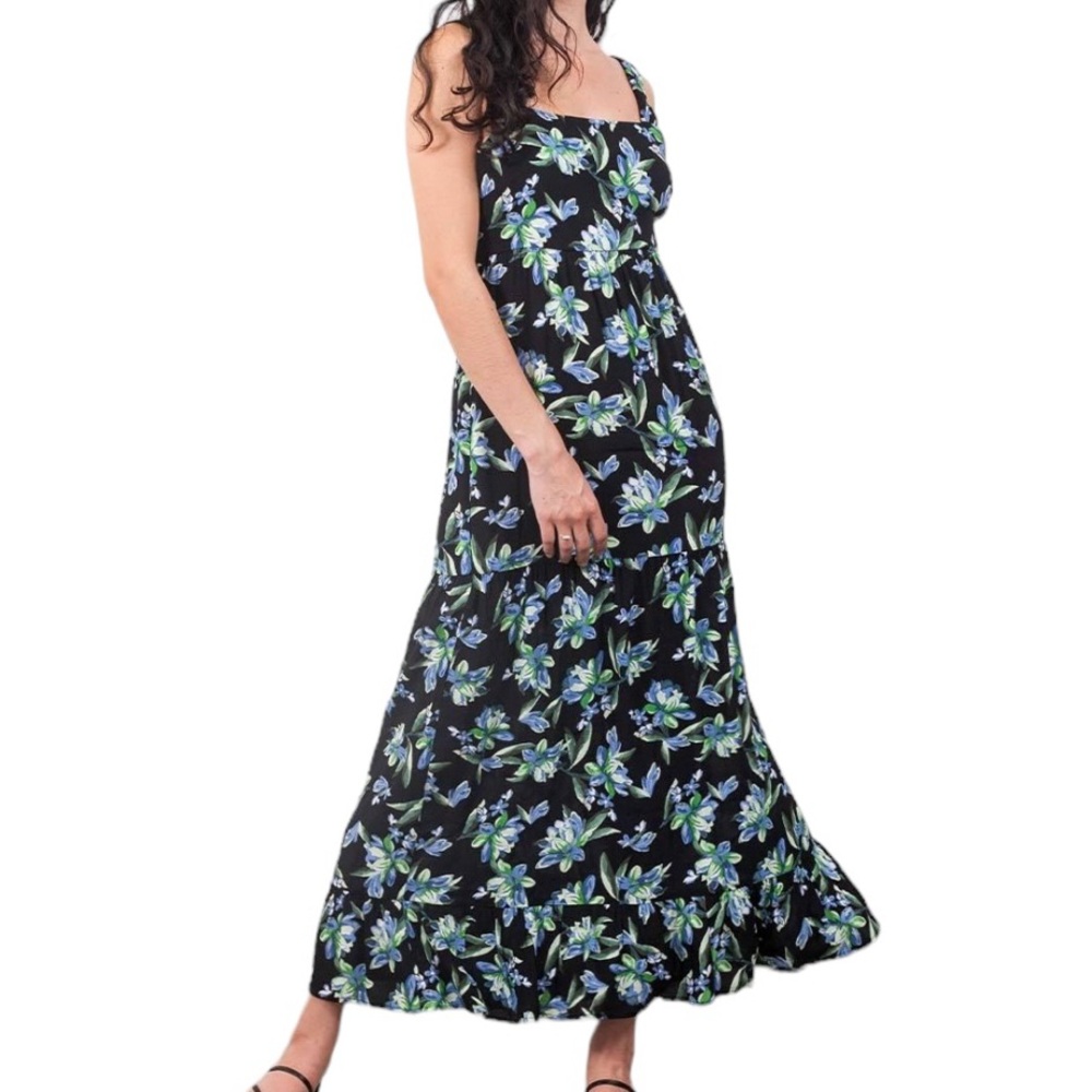 MAUBY Black Iris Romantic Tiered Maxi Dress Sleeveless Floral Boho Summer Medium